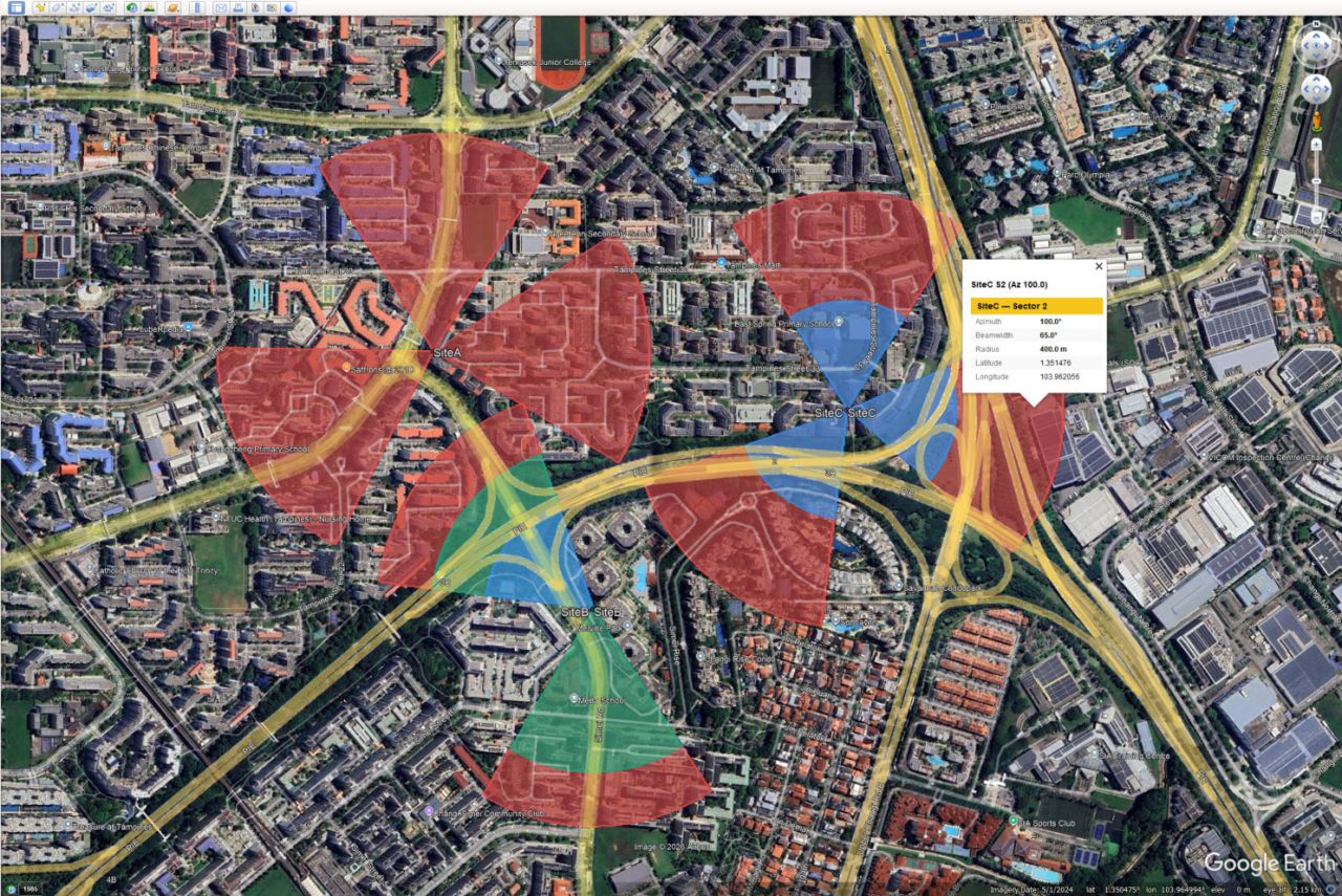 QuickSector sectors shown in Google Earth with a sector info popup