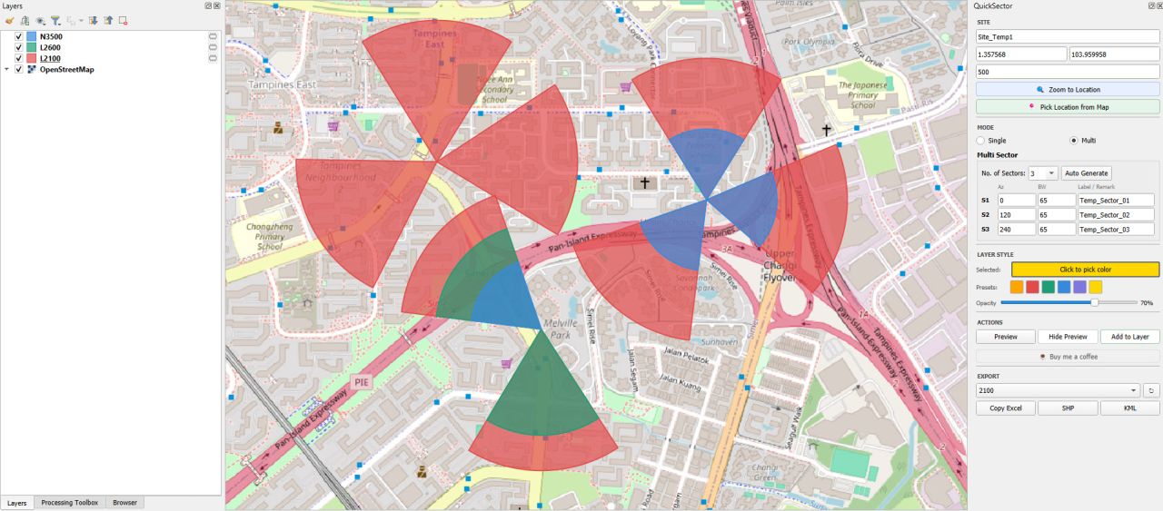 QuickSector panel in QGIS drawing multi-sector sites
