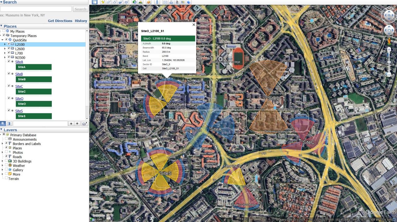 QuickSite network exported to KML and opened in Google Earth
