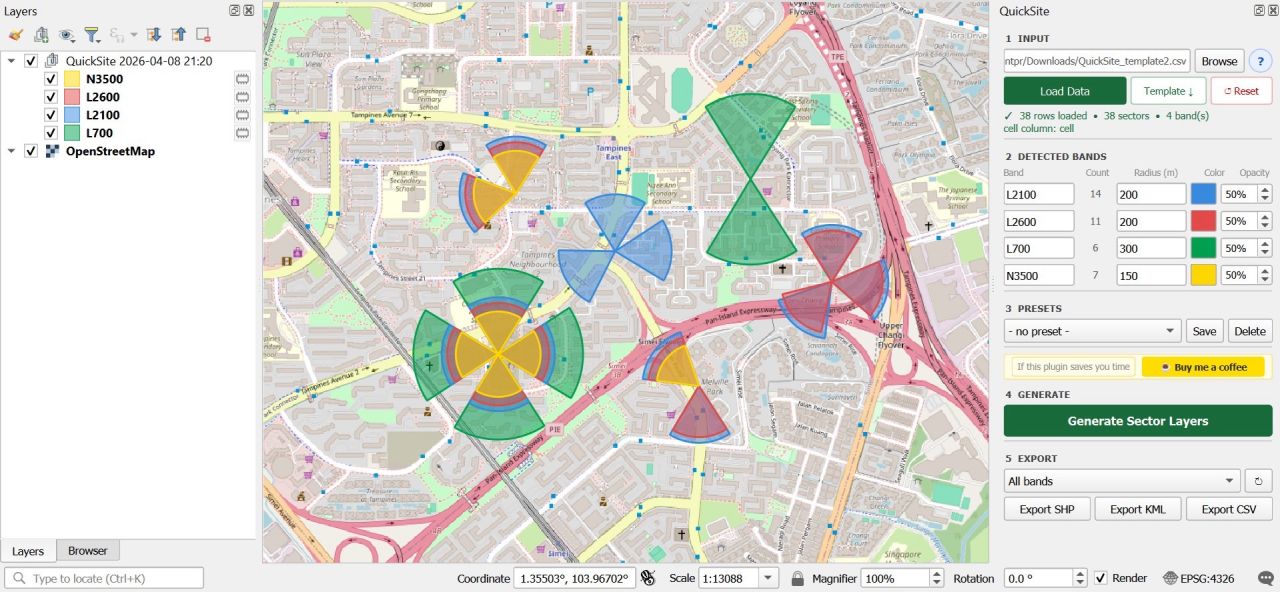 QuickSite panel in QGIS generating L700, L2100, L2600 and N3500 sector layers